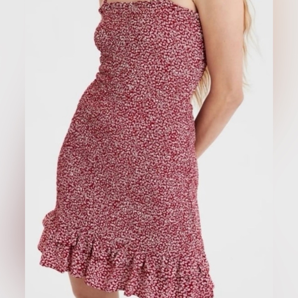 American Eagle Floral Red Mini Dress with Ruffle Hem